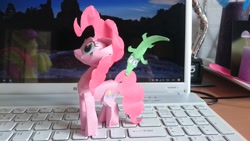 Size: 3840x2160 | Tagged: safe, artist:kna, artist:ninjaspirit7, character:gummy, character:pinkie pie, species:earth pony, species:pony, alligator, computer, craft, duo, high res, irl, laptop computer, papercraft, photo
