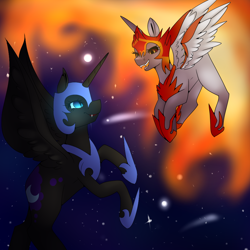 Size: 1000x1000 | Tagged: safe, artist:hyshyy, character:daybreaker, character:nightmare moon, character:princess celestia, character:princess luna, species:alicorn, species:pony, duo, fire, mane of fire, night