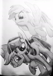 Size: 1452x2102 | Tagged: safe, artist:ponsce, character:applejack, character:rainbow dash, character:twilight sparkle, species:pony, appledashlight, collar, female, lesbian, monochrome, polyamory, shipping, traditional art, whip