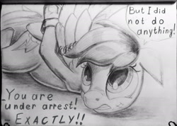 Size: 2040x1450 | Tagged: safe, artist:ponsce, character:rainbow dash, species:pony, abuse, arm behind back, arrested, bruised, cuffs, cute, dashabuse, female, handcuffed, monochrome, solo