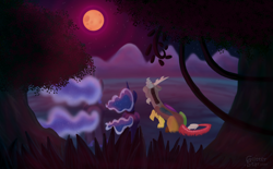 Size: 3400x2112 | Tagged: safe, artist:glitterstar2000, character:discord, character:nightmare moon, character:princess luna, species:alicorn, species:draconequus, species:pony, female, full moon, mare, moon, night, rear view, tree, trio