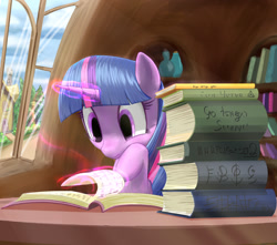 Size: 1307x1153 | Tagged: safe, artist:stratodraw, character:twilight sparkle, species:pony, species:unicorn, book, bookhorse, commission, crepuscular rays, female, golden oaks library, magic, mare, ponyville, scenery, solo, telekinesis, that pony sure does love books
