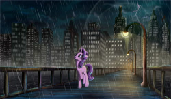 Size: 4046x2339 | Tagged: safe, artist:stratodraw, character:starlight glimmer, species:pony, species:unicorn, absurd resolution, city, female, lightning, mare, night, pier, rain, scenery, solo, walking