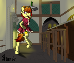 Size: 3377x2857 | Tagged: safe, artist:starrypallet, oc, oc only, bipedal, clothing, dress, fireplace, night, semi-anthro, solo, tavern, waitress