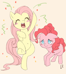 Size: 1000x1118 | Tagged: safe, artist:yanamosuda, character:fluttershy, character:pinkie pie, species:pony, belly button, bipedal, body swap, cute, diapinkes, duo, eyes closed, female, kinetic contrast, mare, open mouth, out of character, personality swap, shyabetes, smiling