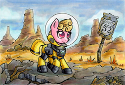 Size: 1000x683 | Tagged: safe, artist:asimos, oc, oc only, oc:puppysmiles, species:earth pony, species:pony, fallout equestria, fallout equestria: pink eyes, fanfic, fanfic art, female, filly, foal, hazmat suit, hooves, post-apocalyptic, route 52, solo, traditional art, wasteland