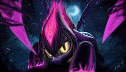 Size: 1983x1133 | Tagged: safe, artist:zigword, species:pony, crescent moon, crossover, evelynn, female, horseshoes, league of legends, looking at you, mare, moon, ponified, scorpion tail, slit eyes, solo
