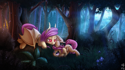 Size: 1920x1080 | Tagged: safe, artist:anti1mozg, artist:atlas-66, character:flutterbat, character:fluttershy, character:scootaloo, species:bat pony, species:pegasus, species:pony, collaboration, cute, cutealoo, fangs, female, filly, forest, grass, mare, moonlight, night, race swap, scenery, scootalove, shyabates, shyabetes, smiling