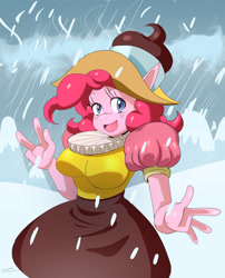 Size: 2303x2846 | Tagged: safe, artist:traupa, character:pinkie pie, species:anthro, breasts, busty pinkie pie, chancellor puddinghead, clothing, collar, elizabethan, female, looking at you, ruff (clothing), smiling, snow, snowfall, solo