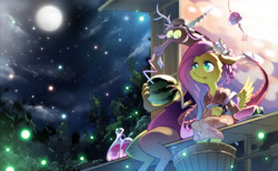 Size: 1570x966 | Tagged: safe, artist:sweetsound, character:discord, character:fluttershy, bipedal, clothing, female, flower, flower in hair, food, hat, kimono (clothing), male, mid-autumn festival, watermelon