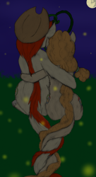 Size: 1297x2379 | Tagged: safe, artist:wesleyfoxx, derpibooru original, character:bright mac, character:pear butter, ship:brightbutter, both cutie marks, colored, female, firefly, hug, intertwined tails, male, mare in the moon, monster pony, moon, night, original species, pencil drawing, rear view, shipping, species swap, straight, tatzlpony, tentacle tongue, tentacles, traditional art