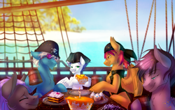 Size: 2323x1464 | Tagged: safe, artist:limreiart, oc, oc only, species:bat pony, species:pegasus, species:pony, bat pony oc, cake, clothing, cupcake, eyepatch, eyes closed, fangs, food, hat, island, male, pirate, pirate hat, pirate ship, ship, stallion, water