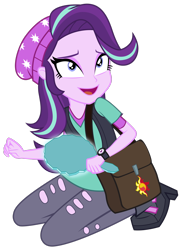 Size: 1600x2200 | Tagged: safe, artist:famousmari5, character:starlight glimmer, equestria girls:mirror magic, g4, my little pony: equestria girls, my little pony:equestria girls, spoiler:eqg specials, beanie, clothing, female, hat, kneeling, mirror, open mouth, shoulder bag, simple background, solo, torn clothes, transparent background, vector, vest, watch