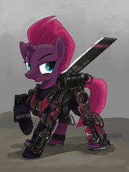 Size: 960x1280 | Tagged: safe, artist:buckweiser, character:tempest shadow, species:pony, species:unicorn, g4, my little pony: the movie (2017), armor, blade, broken horn, crossover, edge of tomorrow, emily blunt, eye scar, eyebrows, female, mare, open mouth, power armor, powered exoskeleton, propeller blade, raised hoof, rita vrataski, scar, solo, sword, three quarter view, voice actor joke, weapon