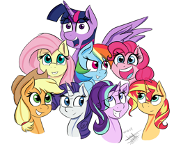Size: 2691x2258 | Tagged: safe, artist:scarlett-letter, character:applejack, character:fluttershy, character:pinkie pie, character:rainbow dash, character:rarity, character:starlight glimmer, character:sunset shimmer, character:twilight sparkle, character:twilight sparkle (alicorn), species:alicorn, species:earth pony, species:pegasus, species:pony, species:unicorn, blue tongue, bust, clothing, cowboy hat, eye clipping through hair, female, grin, hat, looking at you, mane eight, mane six, open mouth, portrait, signature, simple background, smiling, stetson, white background