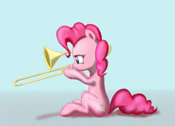 Size: 2511x1810 | Tagged: safe, artist:stratodraw, character:pinkie pie, species:pony, earth, female, mare, simple background, sitting, solo, trombone