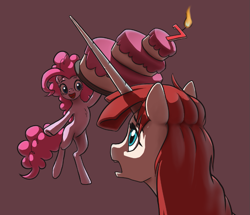 Size: 921x793 | Tagged: safe, artist:nadnerbd, character:pinkie pie, oc, oc:fausticorn, species:alicorn, species:pony, birthday candles, cake, candle, food, happy birthday mlp:fim, mlp fim's seventh anniversary