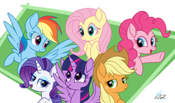 Size: 2180x1281 | Tagged: safe, artist:iheartjapan789, character:applejack, character:fluttershy, character:pinkie pie, character:rainbow dash, character:rarity, character:twilight sparkle, character:twilight sparkle (alicorn), species:alicorn, species:earth pony, species:pegasus, species:pony, species:unicorn, clothing, cowboy hat, female, friends, group, hat, mane six, mare, smiling, stetson