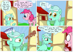 Size: 850x609 | Tagged: safe, artist:fadri, character:lyra heartstrings, character:pinkie pie, comic:and that's how equestria was made, episode:too many pinkie pies, g4, my little pony: friendship is magic, and that's how equestria was made, bloodshot eyes, comic, finger, hand, hoers, hoof fingers, shrunken pupils, sweat, sweatdrop, wat, wide eyes