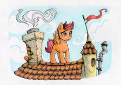 Size: 900x636 | Tagged: safe, artist:asimos, character:scootaloo, species:pegasus, species:pony, chimney, cloud, female, filly, rooftop, sky, solo