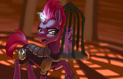 Size: 3587x2293 | Tagged: safe, artist:nadnerbd, character:tempest shadow, character:twilight sparkle, character:twilight sparkle (alicorn), species:alicorn, species:pony, species:unicorn, my little pony: the movie (2017), armor, broken horn, cage, duo, female, mare, open up your eyes, scene interpretation, singing
