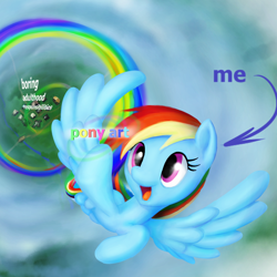 Size: 900x900 | Tagged: safe, artist:stratodraw, edit, character:rainbow dash, species:pegasus, species:pony, female, flying, mare, ponyville, smiling, solo