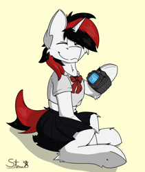 Size: 1262x1496 | Tagged: safe, artist:starrypallet, oc, oc only, oc:blackjack, species:pony, species:unicorn, fallout equestria, fallout equestria: project horizons, clothing, cute, dress, female, happy, mare, pipbuck, simple background, solo, waving, white background, ych result
