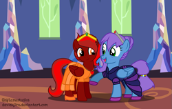 Size: 1089x690 | Tagged: safe, artist:davidsfire, oc, oc only, oc:liquid harmony, oc:ruby, species:pegasus, species:pony, clothing, crown, dress, duo, female, happy, looking at each other, mare, regalia, request, twilight's castle