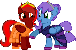 Size: 3223x2157 | Tagged: safe, artist:davidsfire, oc, oc only, oc:liquid harmony, oc:ruby, species:pegasus, species:pony, clothing, crown, dress, duo, female, happy, looking at each other, mare, regalia, simple background, transparent background