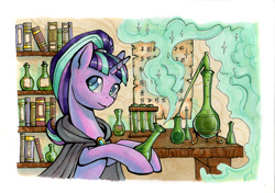 Size: 1100x776 | Tagged: safe, artist:asimos, character:starlight glimmer, species:pony, species:unicorn, chemistry, female, mare, shelf, smiling, solo, traditional art