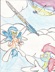 Size: 1660x2200 | Tagged: safe, artist:wyren367, oc, oc only, oc:friesian fighter pegasus, species:pegasus, species:pony, airship, blue background, clothing, cloud, combat, flying, friesian airship, goggles, simple background, spread wings, traditional art, wings, wonderbolts, zeppelin
