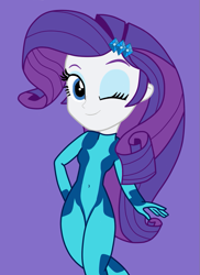 Size: 723x993 | Tagged: safe, artist:tabrony23, character:rarity, my little pony:equestria girls, bodysuit, clothing, cosplay, costume, female, metroid, one eye closed, samus aran, solo, wink, zero suit