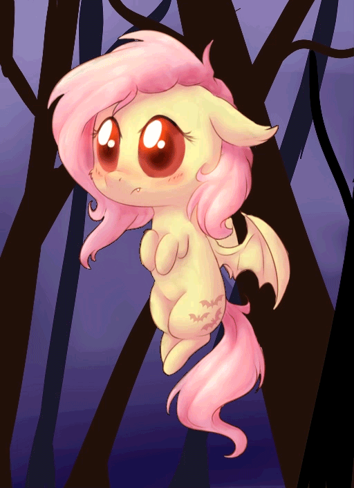 Size: 512x706 | Tagged: safe, artist:equum_amici, artist:pucksterv, character:flutterbat, character:fluttershy, species:bat pony, species:pony, animated, bat wings, blushing, cinemagraph, cute, cute little fangs, fangs, female, floppy ears, forest, hooves to the chest, looking at you, race swap, red eyes, shyabates, shyabetes, solo, spread wings, wings