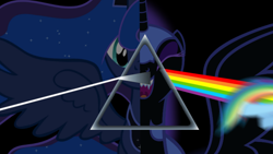 Size: 1920x1080 | Tagged: safe, artist:sofunnyguy, derpibooru original, edit, character:nightmare moon, character:princess luna, character:rainbow dash, species:pony, album cover, album parody, female, hipgnosis, implied insanity, pink floyd, ponified, ponified album cover, rainbow, the dark side of the moon, triangle, two sides, wallpaper