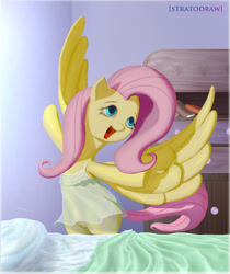 Size: 1024x1220 | Tagged: safe, artist:stratodraw, character:fluttershy, species:pegasus, species:pony, bed, bipedal, clothing, female, mare, nightgown, open mouth, see-through, small eyes, smiling, solo, spread wings, stretching, wings