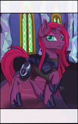 Size: 1243x1963 | Tagged: safe, artist:firimil, character:tempest shadow, species:pony, my little pony: the movie (2017), alternate hairstyle, armor, broken horn, eye scar, fanfic, fanfic art, fanfic cover, female, mare, open mouth, raised hoof, royal guard, scar, solo, tempest becomes a royal guard, twilight's castle