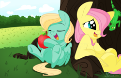 Size: 3336x2168 | Tagged: safe, artist:glitterstar2000, character:fluttershy, character:zephyr breeze, species:pegasus, species:pony, apple, blank flank, brother and sister, colt, colt zephyr breeze, duo, eyes closed, female, filly, filly fluttershy, folded wings, food, hair over one eye, holding, leaning, lizard, looking at something, male, open mouth, sitting, smiling, tree, under the tree, underhoof, wings, younger