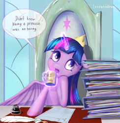 Size: 1024x1049 | Tagged: dead source, safe, artist:stratodraw, character:twilight sparkle, character:twilight sparkle (alicorn), species:alicorn, species:pony, crown, dialogue, female, glowing horn, jewelry, magic, mare, quill, regalia, solo