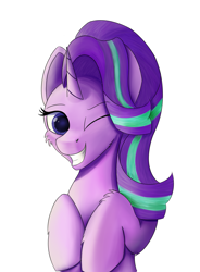 Size: 2003x2723 | Tagged: safe, alternate version, artist:lunar froxy, character:starlight glimmer, female, one eye closed, simple background, smiling, solo, white background, wink