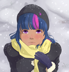 Size: 2480x2598 | Tagged: safe, artist:chiweee, character:twilight sparkle, species:human, clothing, cute, dark skin, female, gloves, humanized, scarf, snow, snowfall, solo, twiabetes