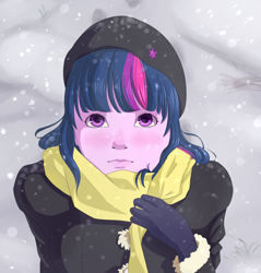 Size: 2480x2598 | Tagged: safe, artist:chiweee, character:twilight sparkle, character:twilight sparkle (alicorn), my little pony:equestria girls, beret, clothing, cute, female, gloves, hat, looking up, scarf, snow, solo