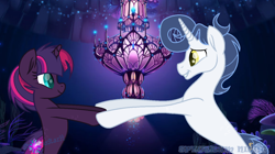 Size: 1284x720 | Tagged: safe, artist:shootingstaryt, artist:spectrumnightyt, oc, oc only, oc:nebula spark, oc:spectrum night, parent:rarity, parent:soarin', parent:tempest shadow, parent:twilight sparkle, parents:soarity, parents:tempestlight, species:seapony (g4), my little pony: the movie (2017), duo, eye contact, female, holding hooves, looking at each other, magical lesbian spawn, male, next generation, offspring, seaponified, seaquestria, species swap, watermark