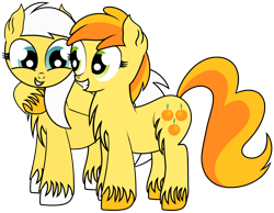 Size: 2193x1698 | Tagged: safe, artist:dinkyuniverse, chest fluff, female, filly, foal, friendship, happy, peachy pie, simple background, sunny daze, transparent background, unshorn fetlocks