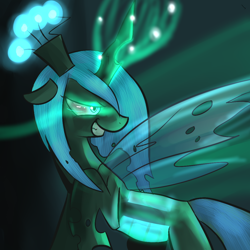 Size: 1000x1000 | Tagged: safe, artist:spanish-scoot, character:queen chrysalis, species:changeling, changeling queen, female, frown, glow, glowing eyes, glowing horn, looking back, magic, raised hoof, smiling, solo, standing