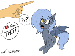 Size: 1024x768 | Tagged: safe, artist:xwoofyhoundx, oc, oc only, oc:panne, species:bat pony, species:human, species:pony, bat pony oc, bat wings, begone thot, chest fluff, cute, dialogue, ear fluff, ear tufts, emoji, eyes on the prize, fangs, female, hand, hungry, looking at something, looking up, mare, open mouth, pointing, question mark, simple background, sitting, smiling, solo focus, speech bubble, spread wings, tail wrap, that pony sure does love fries, thot, white background, wings, 🅱
