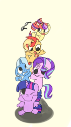 Size: 1080x1920 | Tagged: safe, artist:andromedasparkz, character:moondancer, character:starlight glimmer, character:sunset shimmer, character:trixie, character:twilight sparkle, character:twilight sparkle (alicorn), species:alicorn, species:pony, species:unicorn, chibi, counterparts, cute, dancerbetes, diatrixes, falling, female, filly, filly moondancer, filly starlight glimmer, filly sunset shimmer, filly trixie, filly twilight sparkle, glasses, glimmerbetes, jenga, looking down, looking up, magical quartet, magical quintet, magical trio, mare, one eye closed, open mouth, pony pile, shimmerbetes, simple background, tower of pony, twiabetes, twilight's counterparts, white background, younger