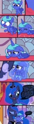 Size: 1100x3999 | Tagged: safe, artist:justsomepainter11, character:princess luna, oc, oc:aurora slumber, parent:oc:supernova, parent:princess luna, parents:canon x oc, species:pony, baby, baby pony, comic, crying, dialogue, female, mother and daughter, offspring