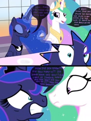 Size: 2048x2732 | Tagged: safe, artist:justsomepainter11, character:princess celestia, character:princess luna, species:alicorn, species:pony, comic, dialogue, eating, looking at each other, pregnant