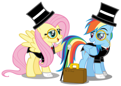 Size: 7866x5627 | Tagged: safe, artist:austiniousi, character:fluttershy, character:rainbow dash, absurd resolution, cane, clothing, hat, monocle, simple background, suitcase, top hat, transparent background, tuxedo, vector
