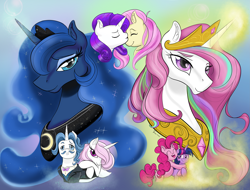 Size: 4263x3237 | Tagged: safe, artist:firimil, character:fancypants, character:fleur-de-lis, character:fluttershy, character:pinkie pie, character:princess celestia, character:princess luna, character:rarity, character:twilight sparkle, species:alicorn, species:earth pony, species:pegasus, species:pony, species:unicorn, fanfic:the folly of princesses, ship:fancyfleur, ship:rarishy, ship:twilestia, ship:twinkie, fanfic, fanfic art, fanfic cover, female, lesbian, male, mare, pink-mane celestia, polyamory, shipping, stallion, straight, twinklestia pie
